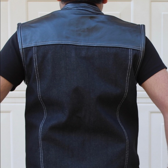 Men’s Motorcycle Leather And Denim Concealed Carry Vest - Picture 7 of 8
